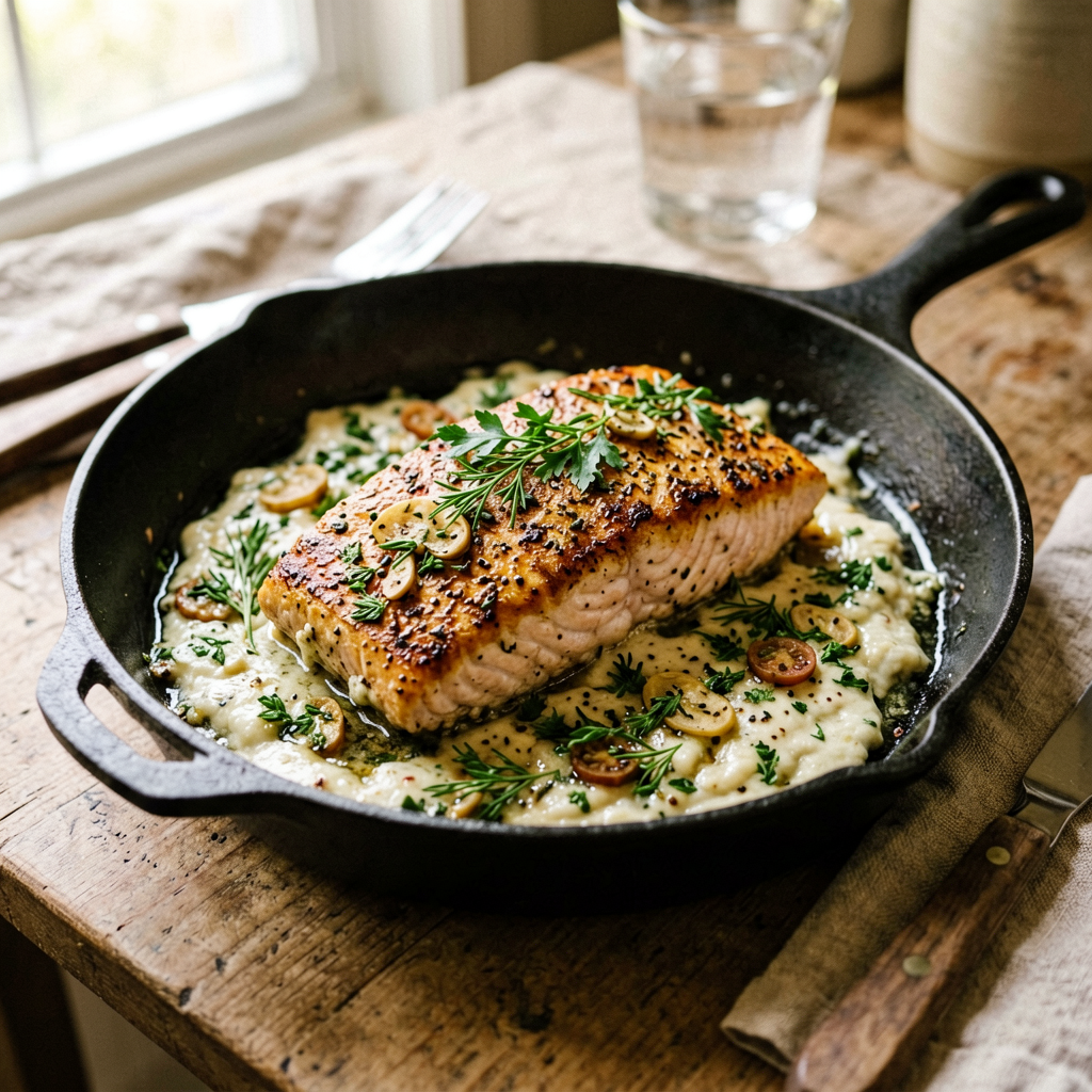 Finished Sheet Pan Salmon with Spicy and Thyme beautifully plated, professional food photography, natural lighting
