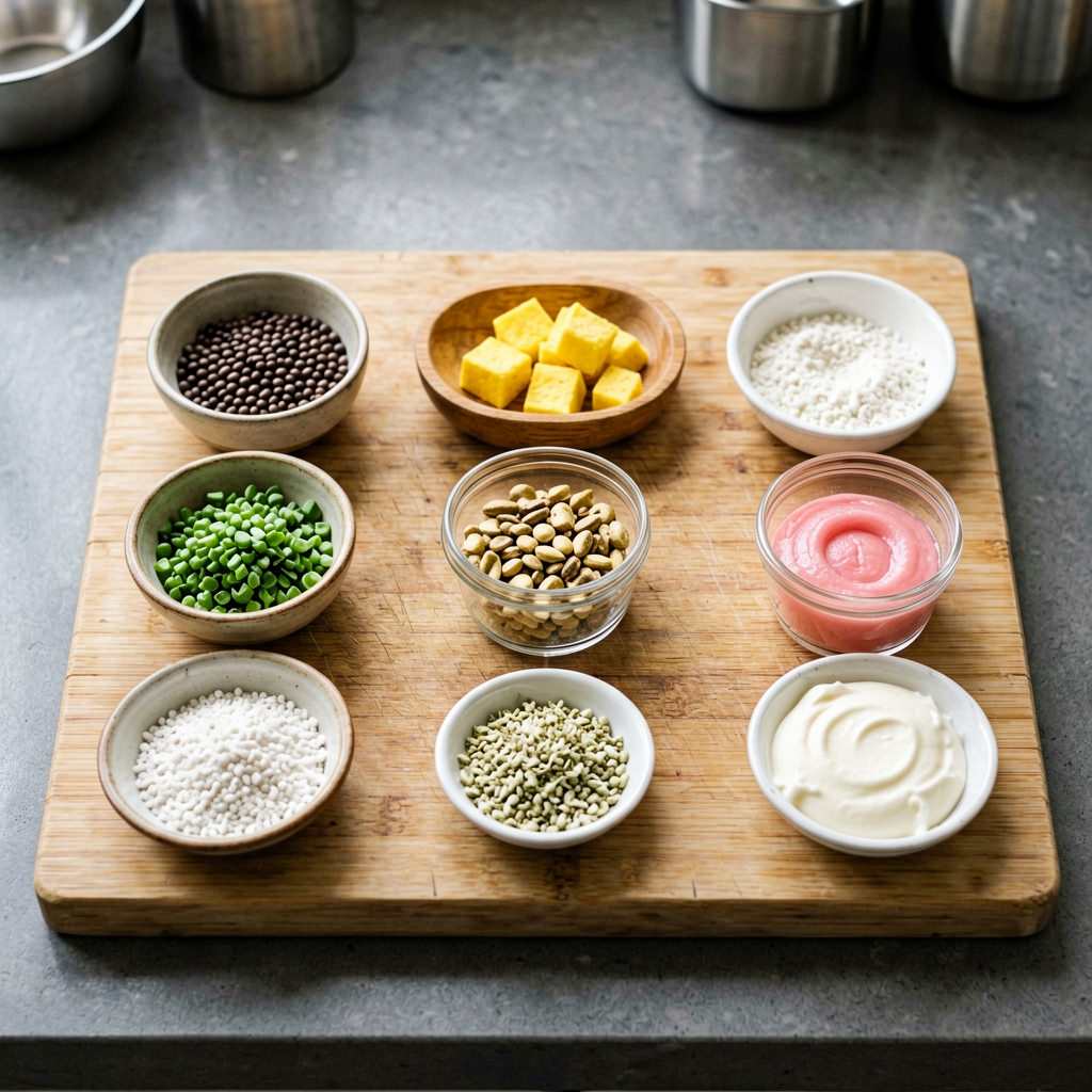 Ingredients prepped and organized on cutting board, mise en place, professional kitchen setup
