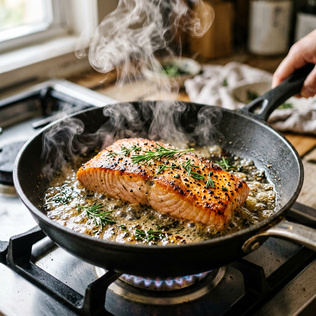 Cooking process shot, Sheet Pan Salmon with Spicy and Thyme in pan, steam rising, professional action photography