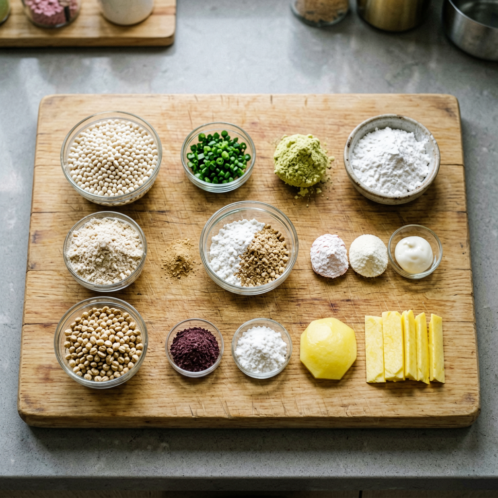 Ingredients prepped and organized on cutting board, mise en place, professional kitchen setup