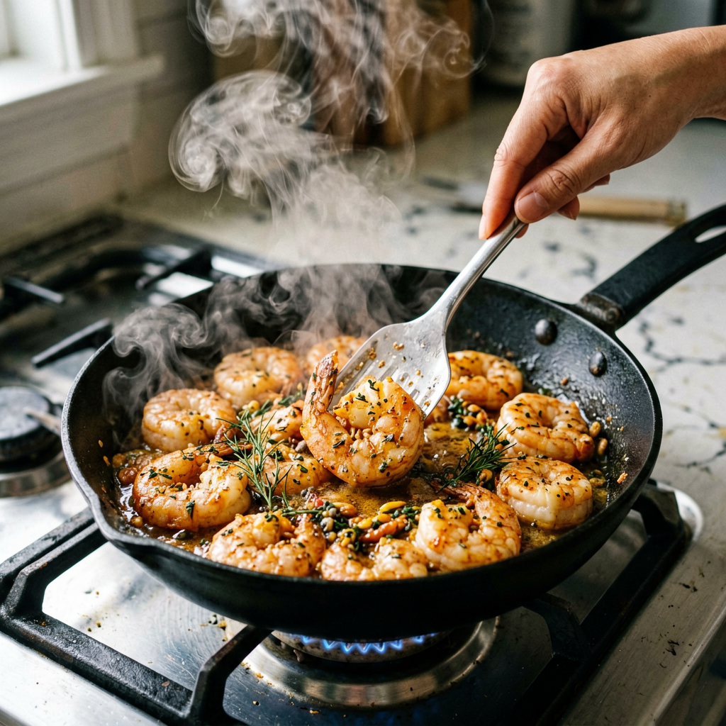 Cooking process shot, Sheet Pan Shrimp Stir Fry with Honey Soy in pan, steam rising, professional action photography