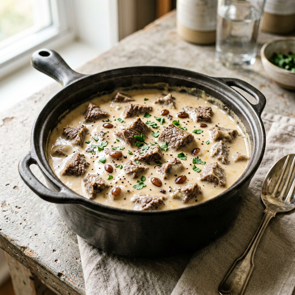 Finished Slow Cooker Beef Skillet with Creamy beautifully plated, professional food photography, natural lighting