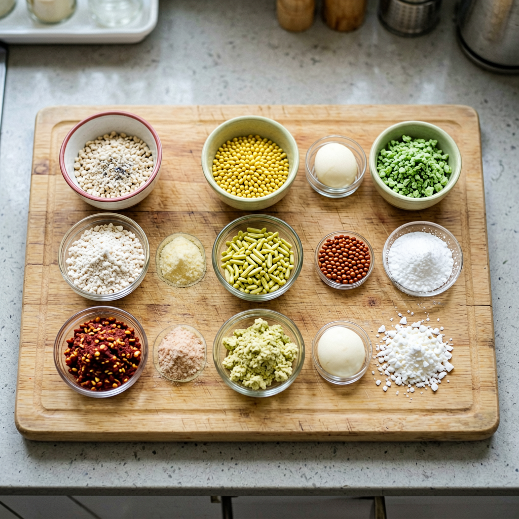 Ingredients prepped and organized on cutting board, mise en place, professional kitchen setup