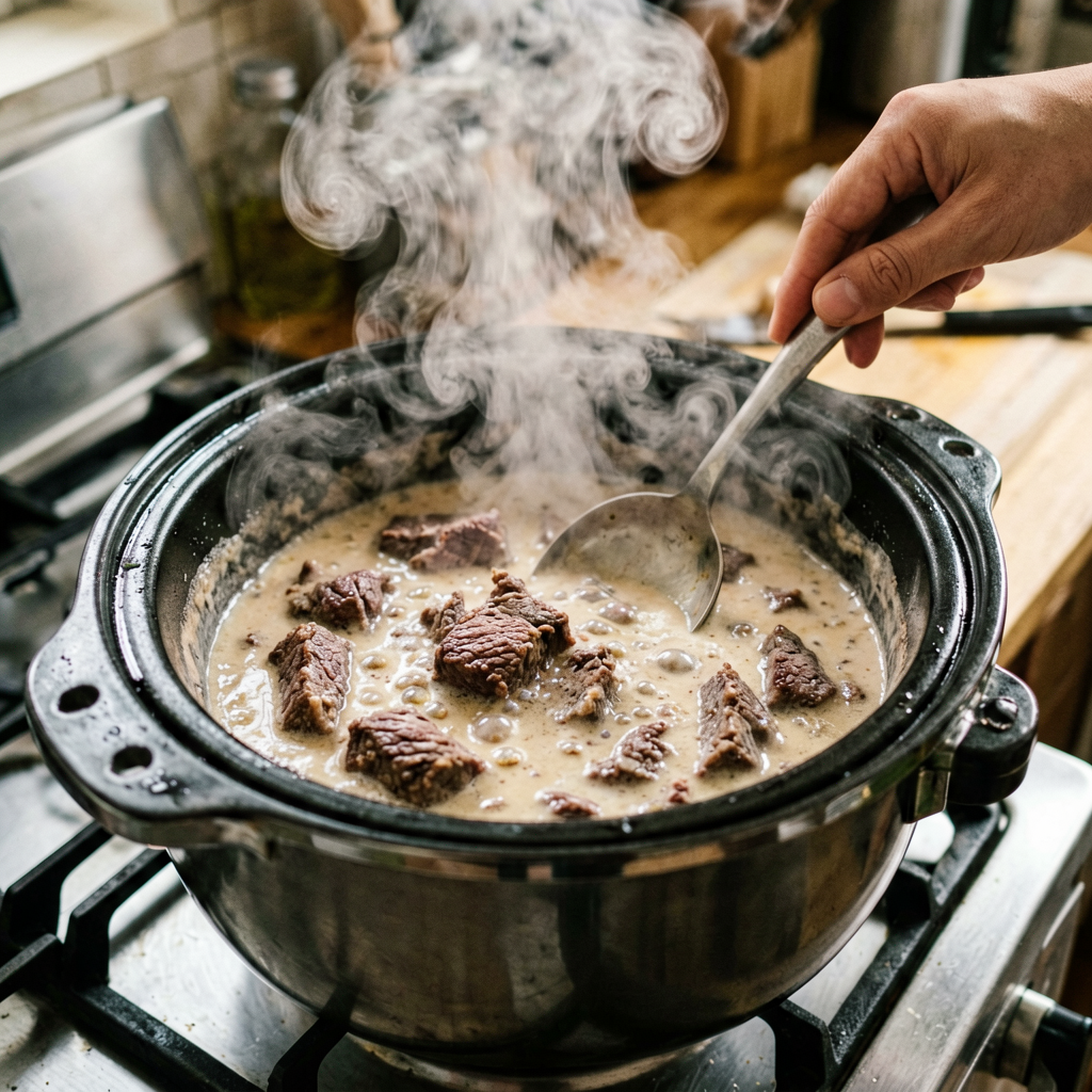 Cooking process shot, Slow Cooker Beef Skillet with Creamy in pan, steam rising, professional action photography