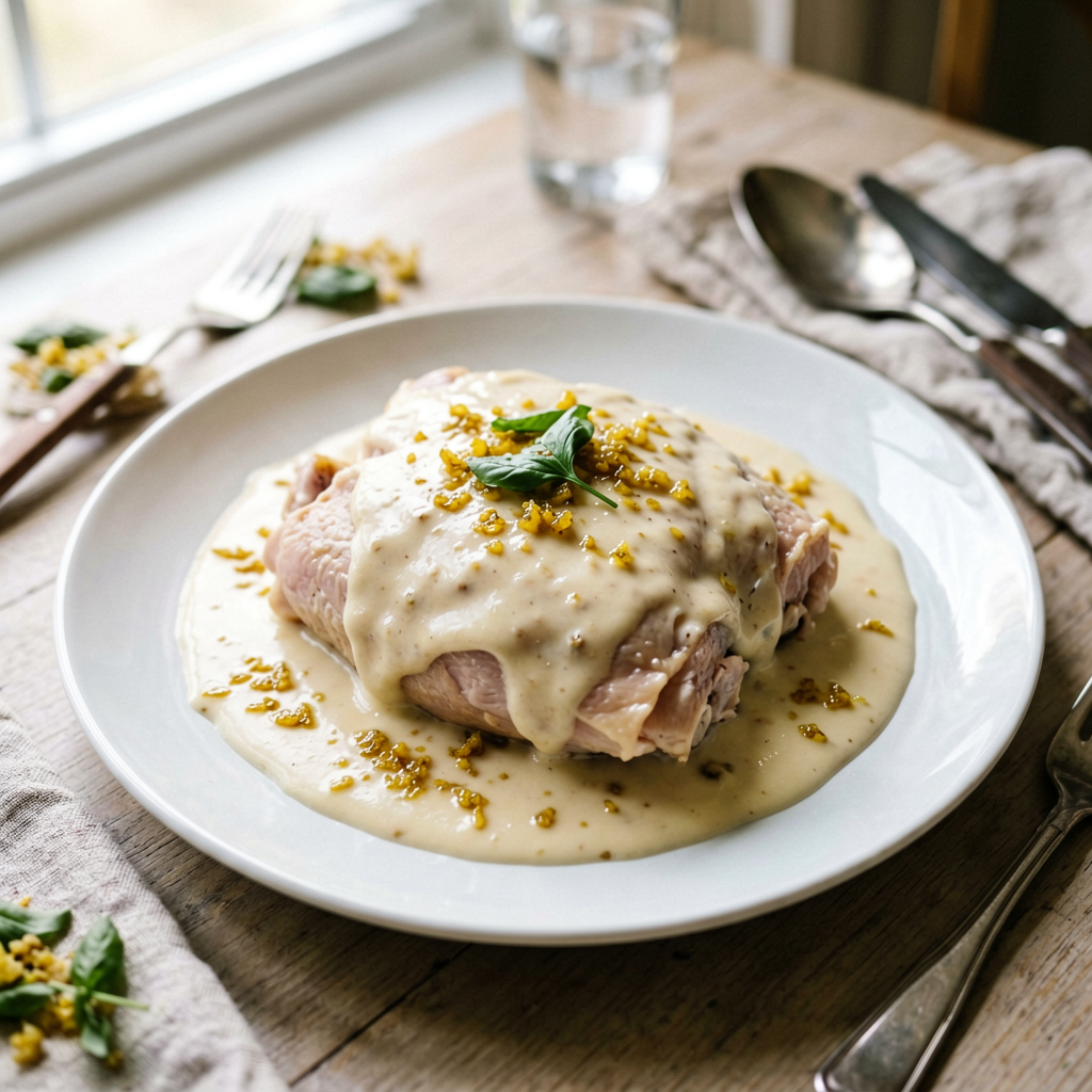 Finished Slow Cooker Chicken with Creamy and Ginger beautifully plated, professional food photography, natural lighting