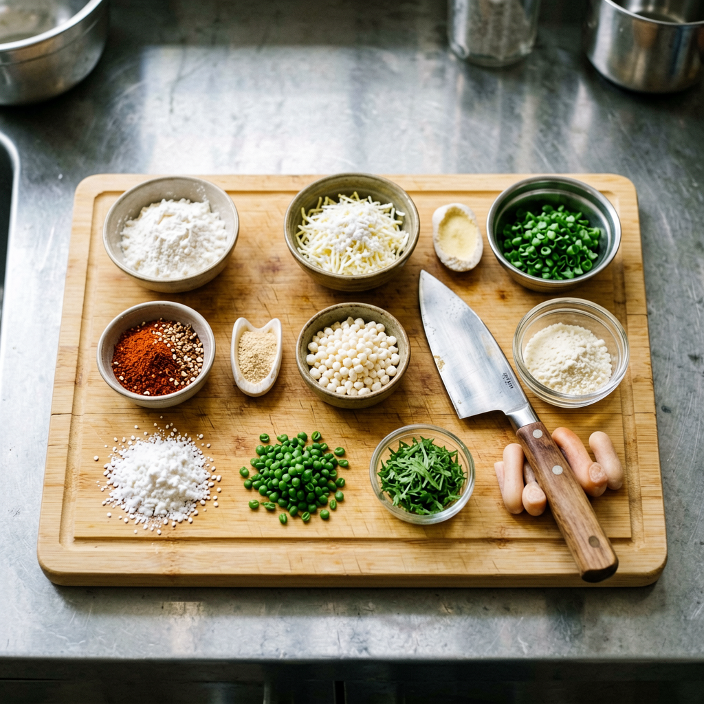 Ingredients prepped and organized on cutting board, mise en place, professional kitchen setup