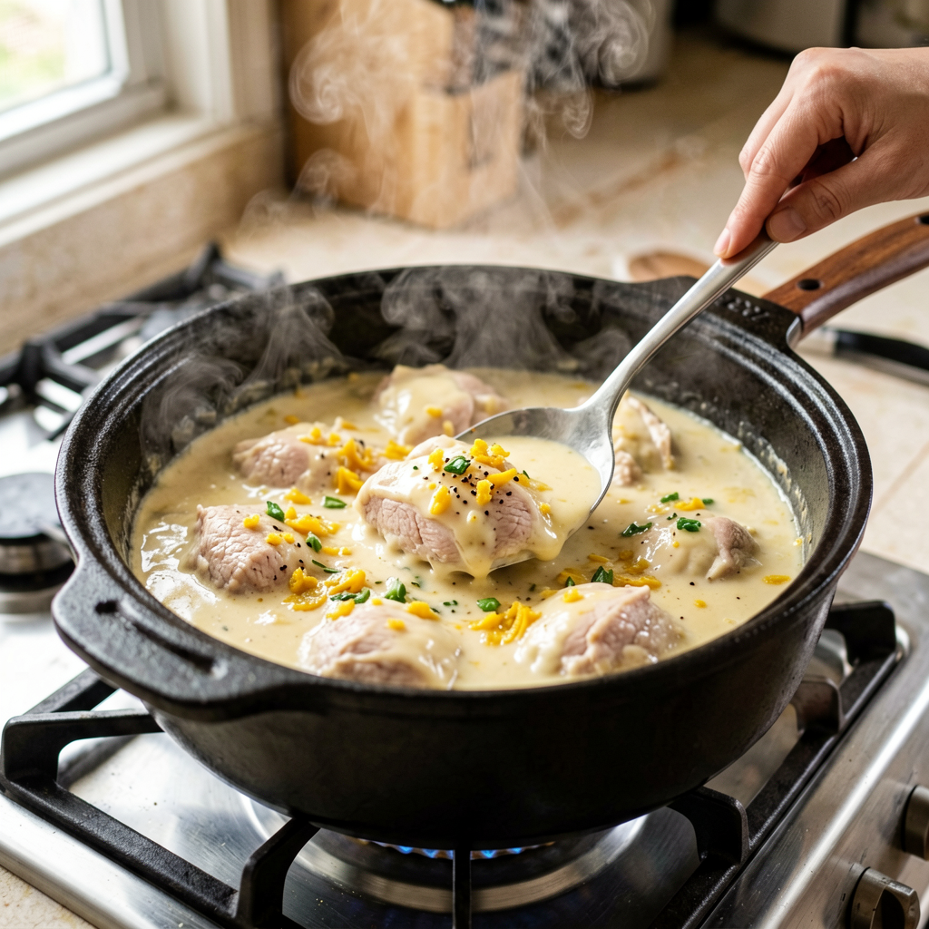 Cooking process shot, Slow Cooker Chicken with Creamy and Ginger in pan, steam rising, professional action photography