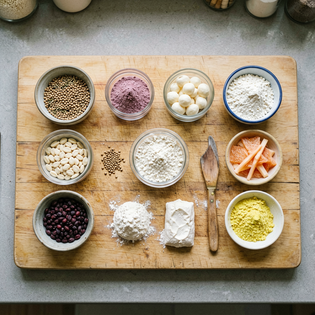 Ingredients prepped and organized on cutting board, mise en place, professional kitchen setup