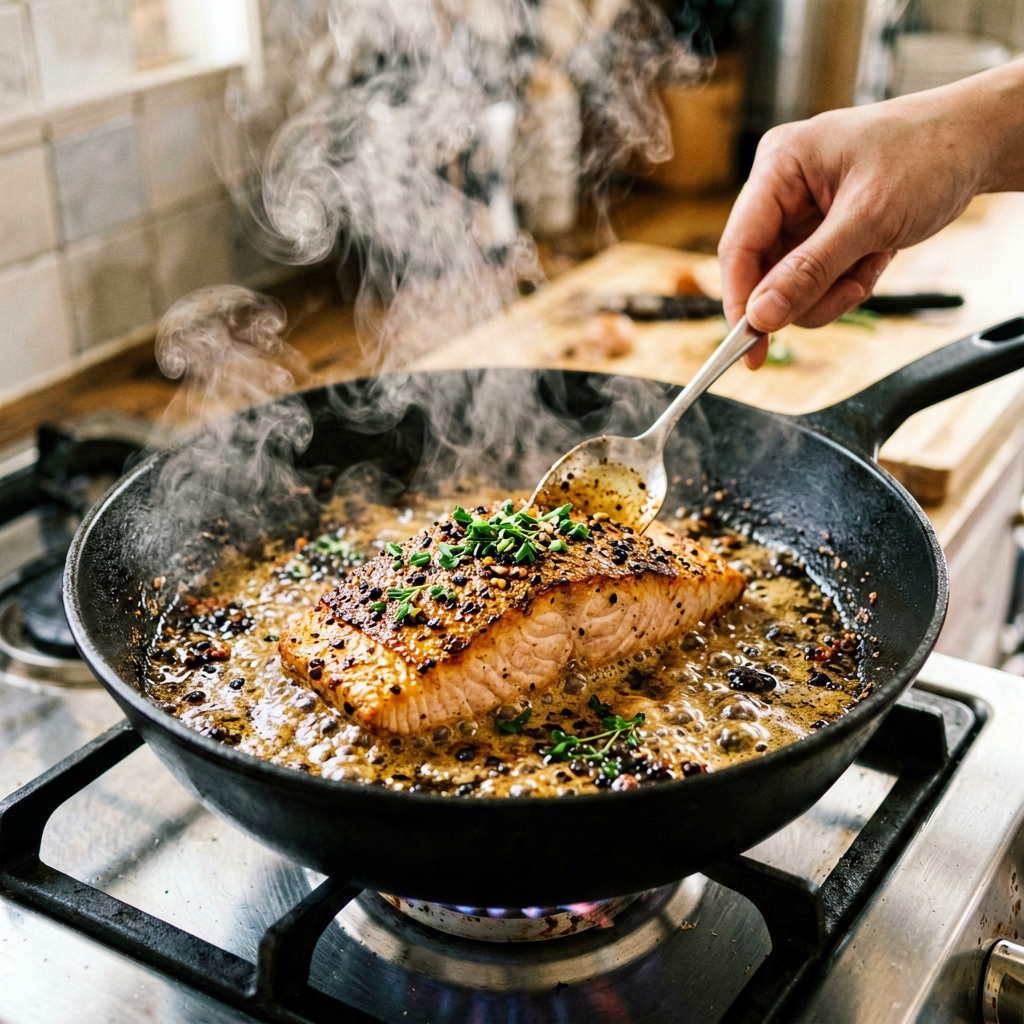 Cooking process shot, Slow Cooker Salmon Skillet with Spicy in pan, steam rising, professional action photography
