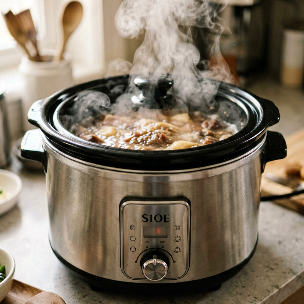 Close up detail shot of slow cooker in use, shallow depth of field, realistic product photography