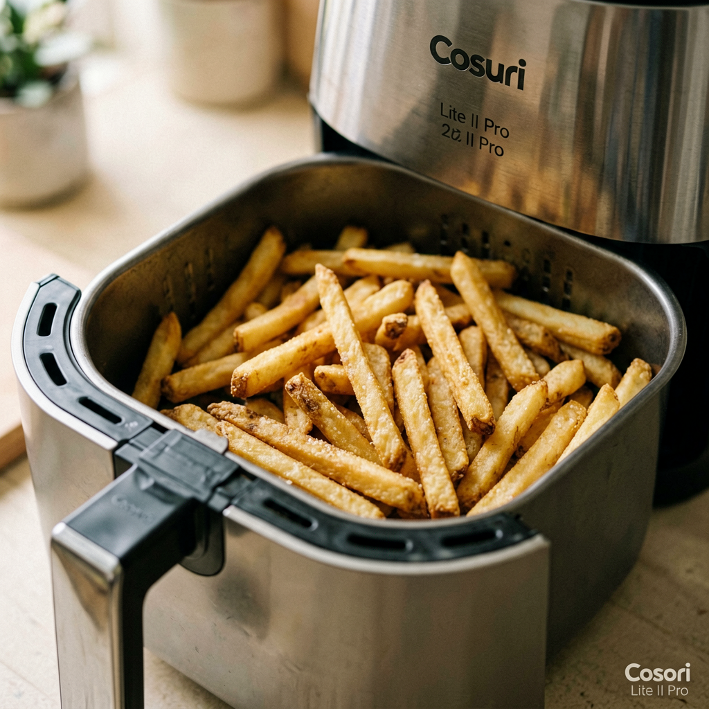 Close up detail shot of Cosori Lite II Pro air fryer basket with golden french fries, shallow depth of field, realistic product photography