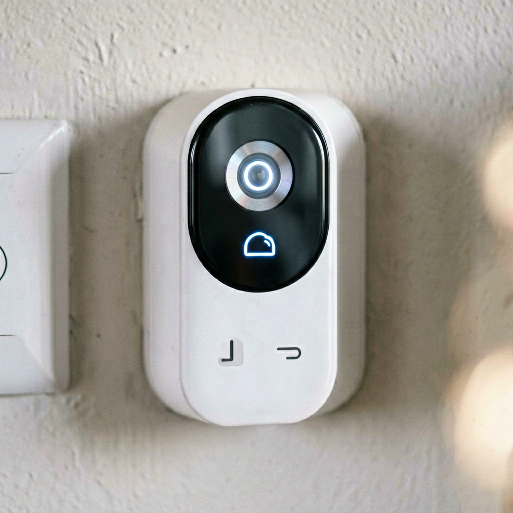 Close up detail shot of smart doorbell in use, shallow depth of field, realistic product photography