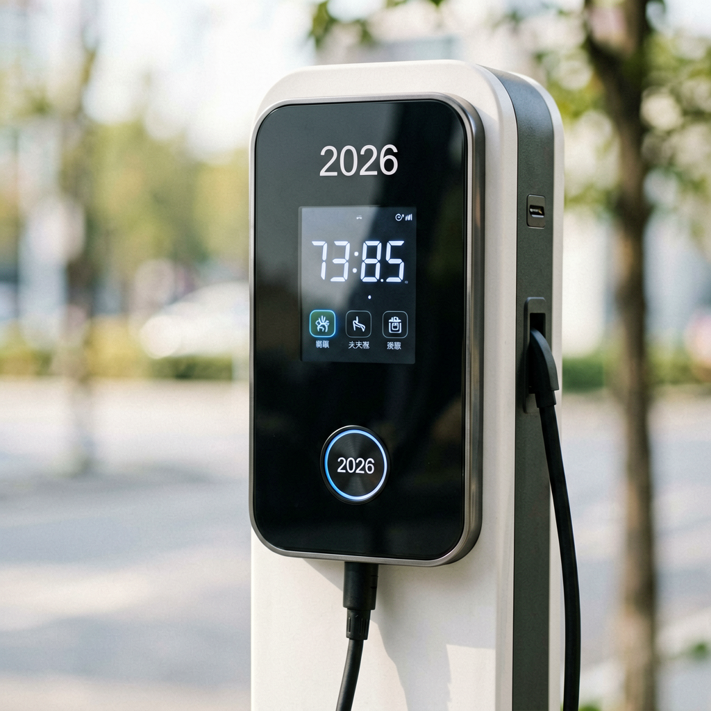 Close up detail shot of smart charging station 2026 in use, shallow depth of field, realistic product photography