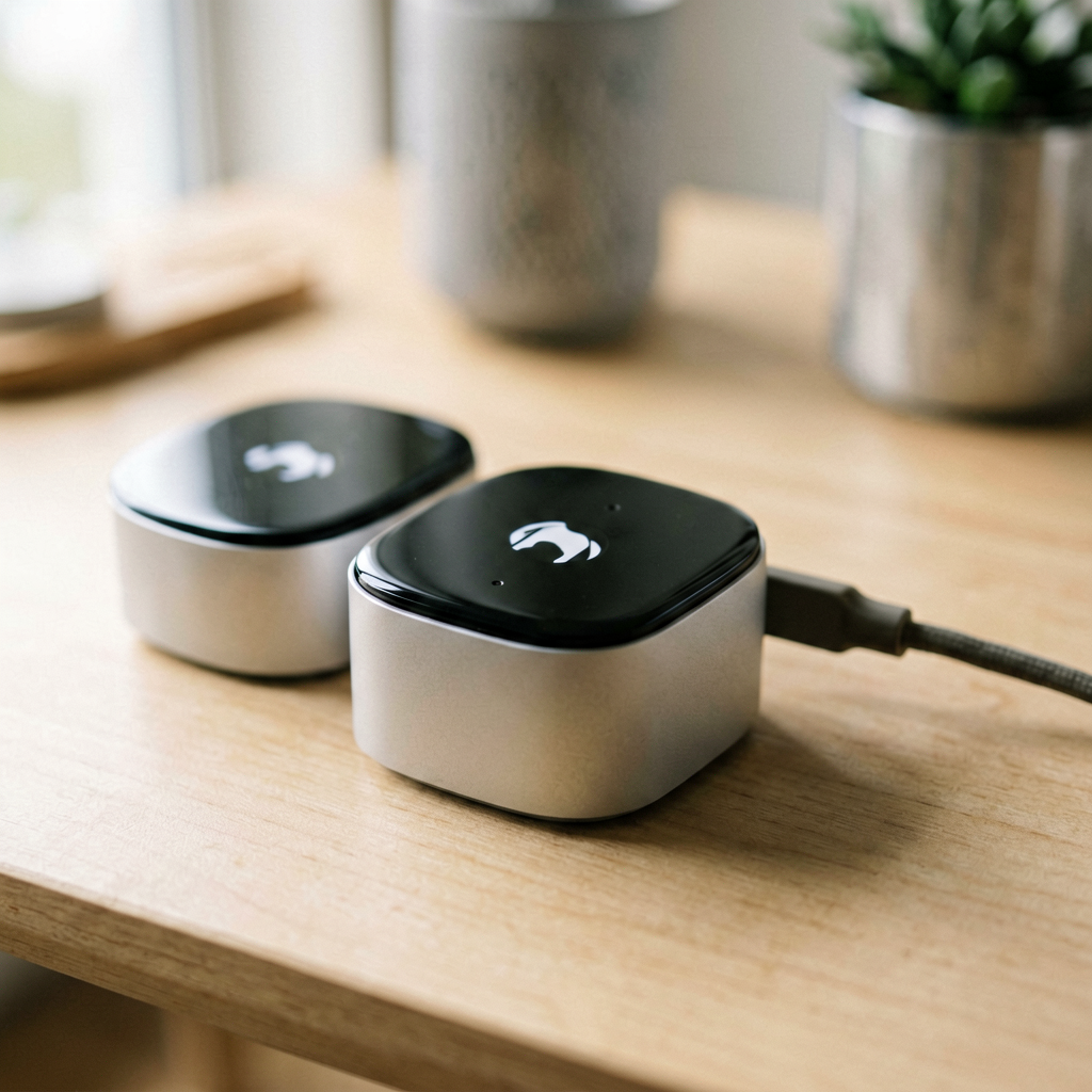 Close up detail shot of smart home gadgets 2026 in use, shallow depth of field, realistic product photography