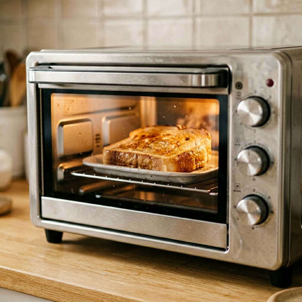 Close up detail shot of toaster oven in use, shallow depth of field, realistic product photography