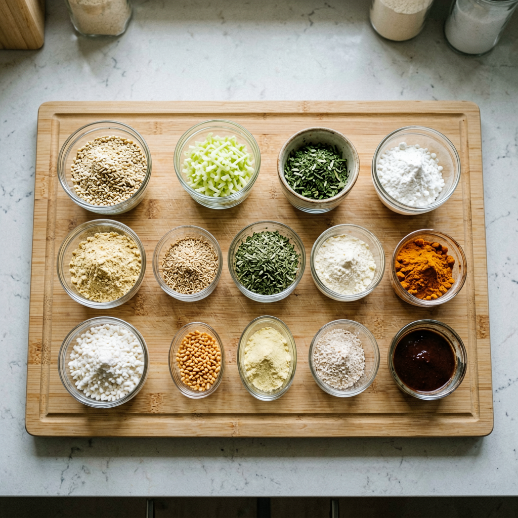 Ingredients prepped and organized on cutting board, mise en place, professional kitchen setup