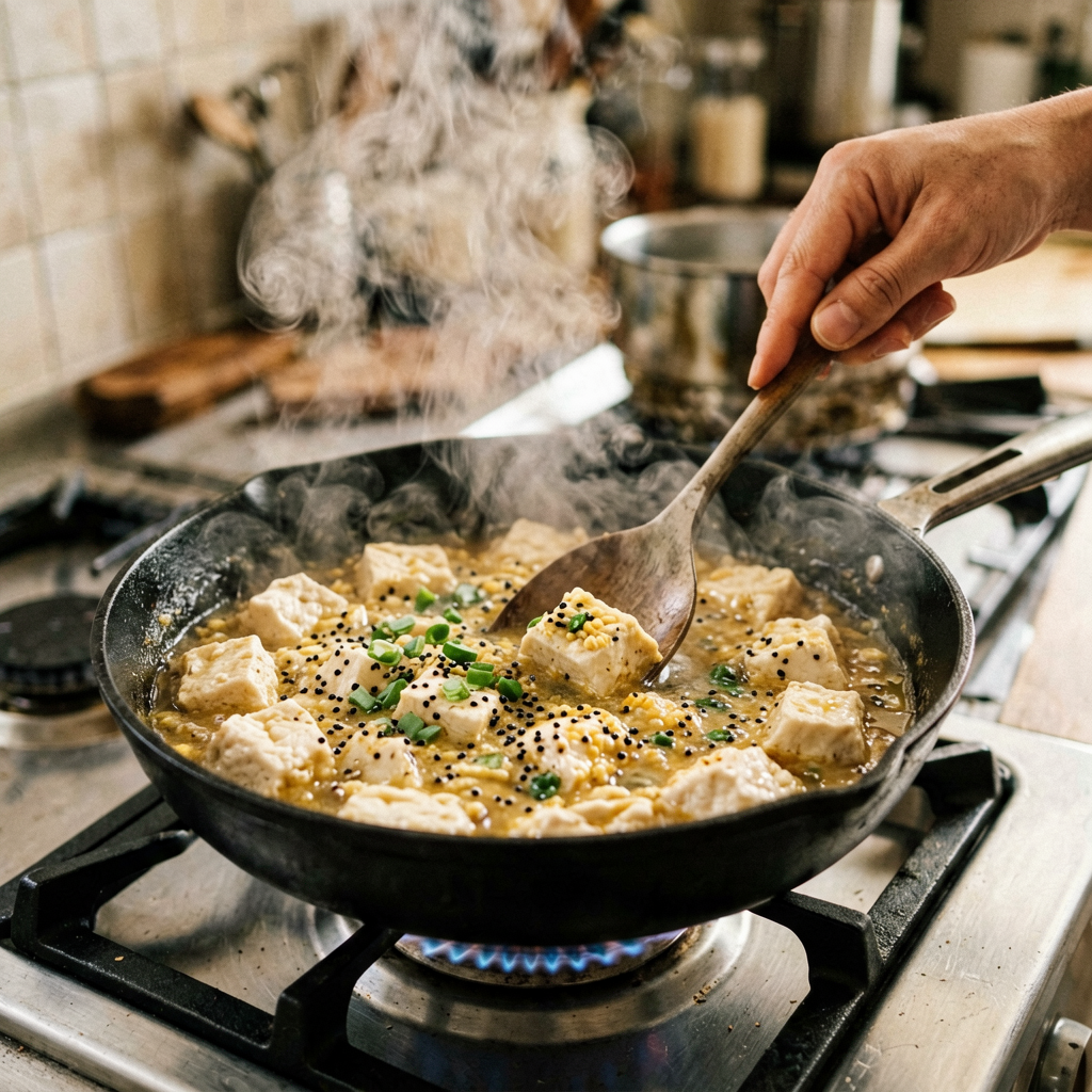 Cooking process shot, Tofu and Quinoa Soup (American) in pan, steam rising, professional action photography