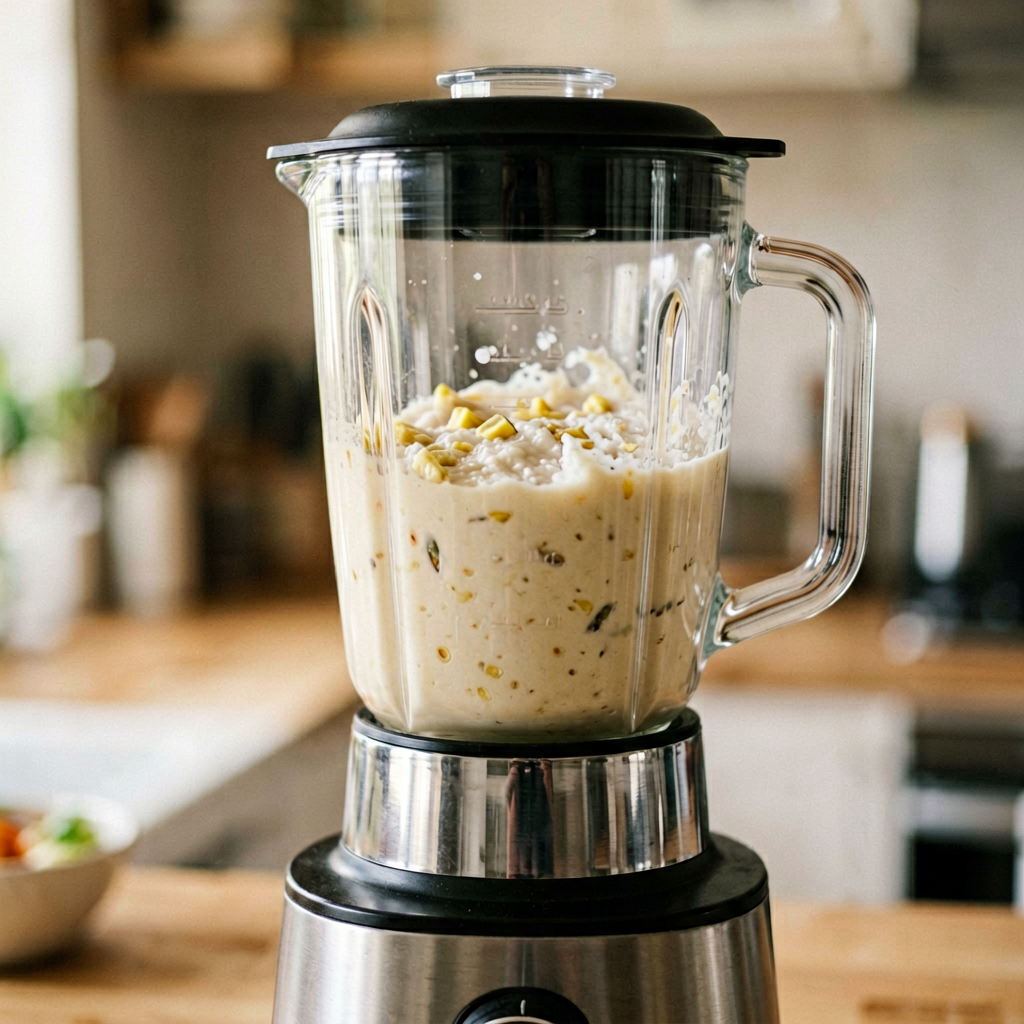 Close up detail shot of blender in use, shallow depth of field, realistic product photography