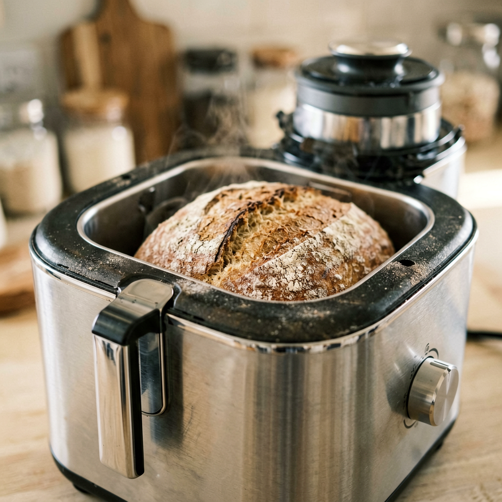 Close up detail shot of bread maker in use, shallow depth of field, realistic product photography