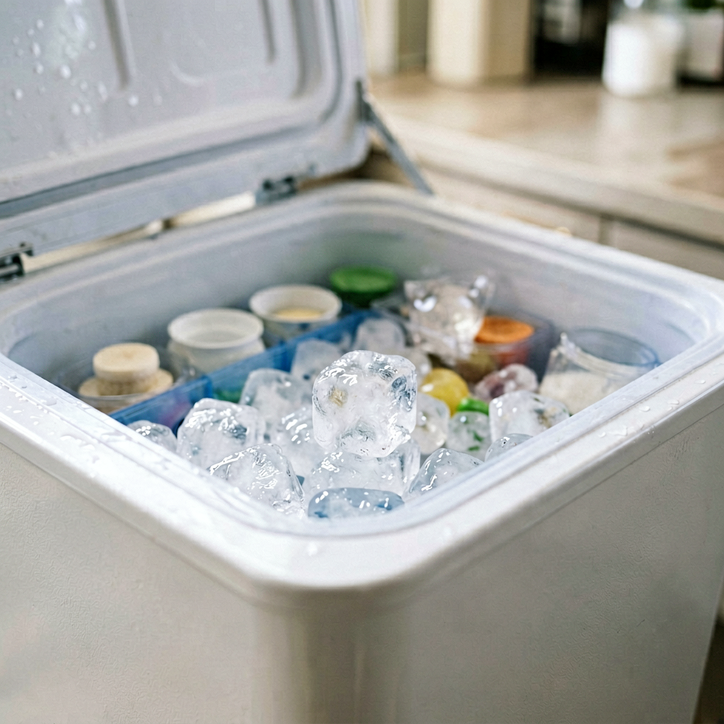 Close up detail shot of cooler in use, shallow depth of field, realistic product photography