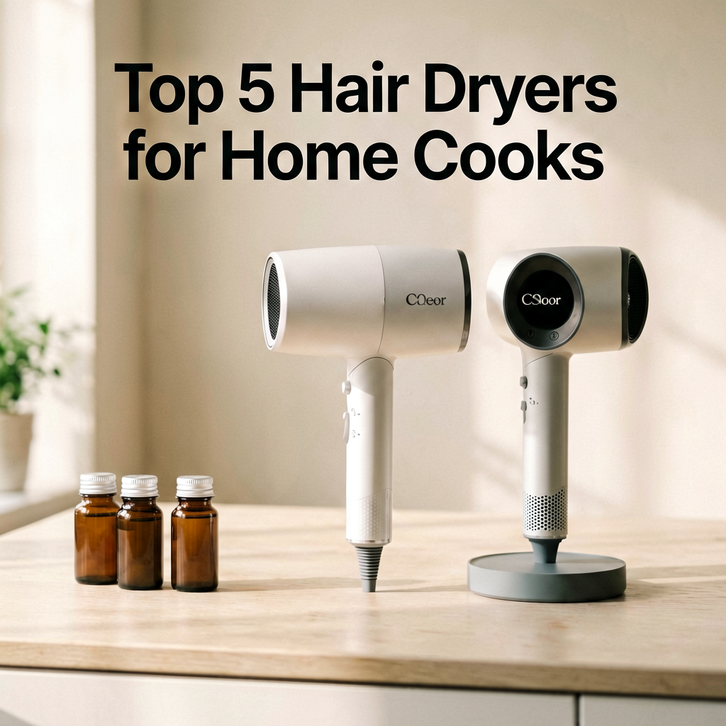 Clean lifestyle product shot of Top 5 Hair Dryers for Home Cooks in 2026, natural lighting, minimal background, professional review style photography