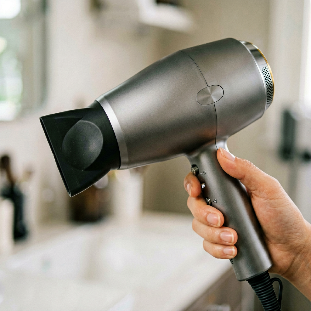 Close up detail shot of hair dryer in use, shallow depth of field, realistic product photography