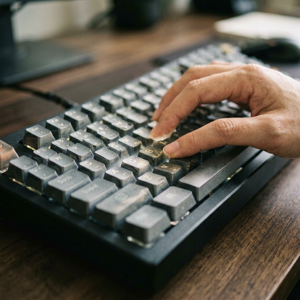 Close up detail shot of keyboard in use, shallow depth of field, realistic product photography