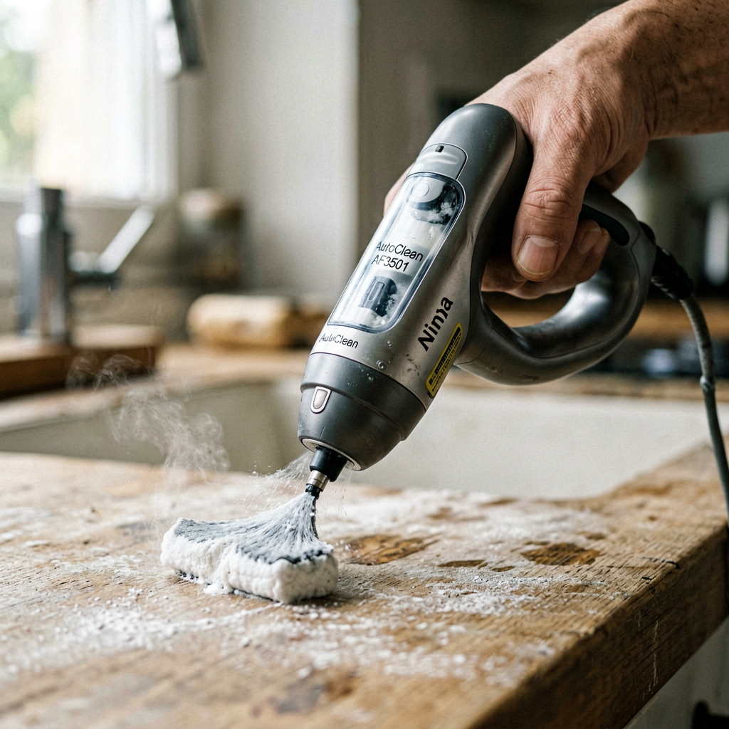 Close up detail shot of Ninja AutoClean AF3501 in use, shallow depth of field, realistic product photography