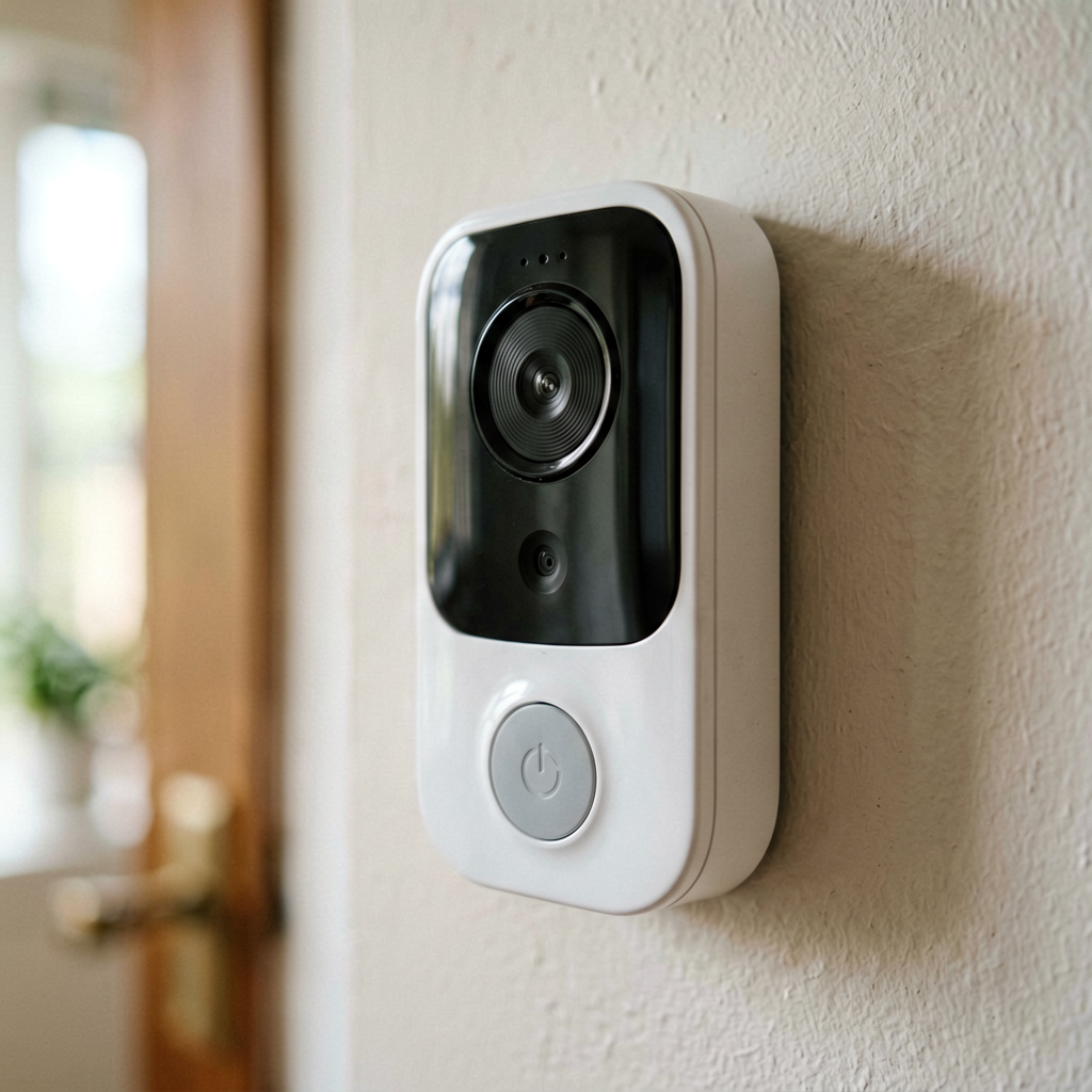 Close up detail shot of smart doorbell in use, shallow depth of field, realistic product photography