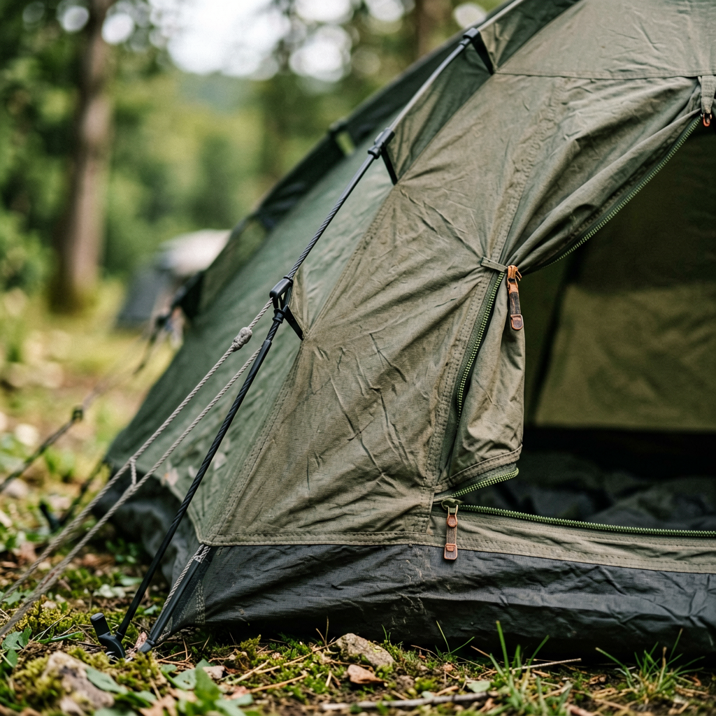 Close up detail shot of tent in use, shallow depth of field, realistic product photography