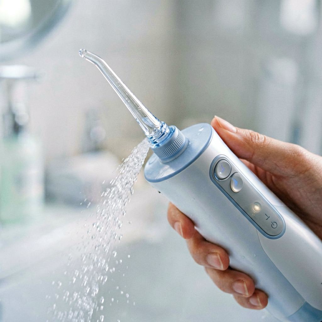 Close up detail shot of water flosser in use, shallow depth of field, realistic product photography