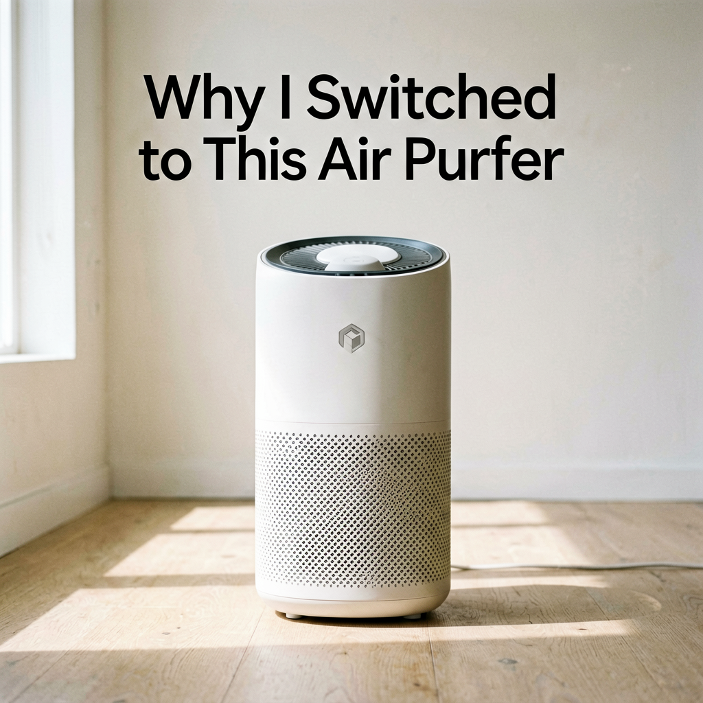 Clean lifestyle product shot of Why I Switched to This Air Purifier, natural lighting, minimal background, professional review style photography