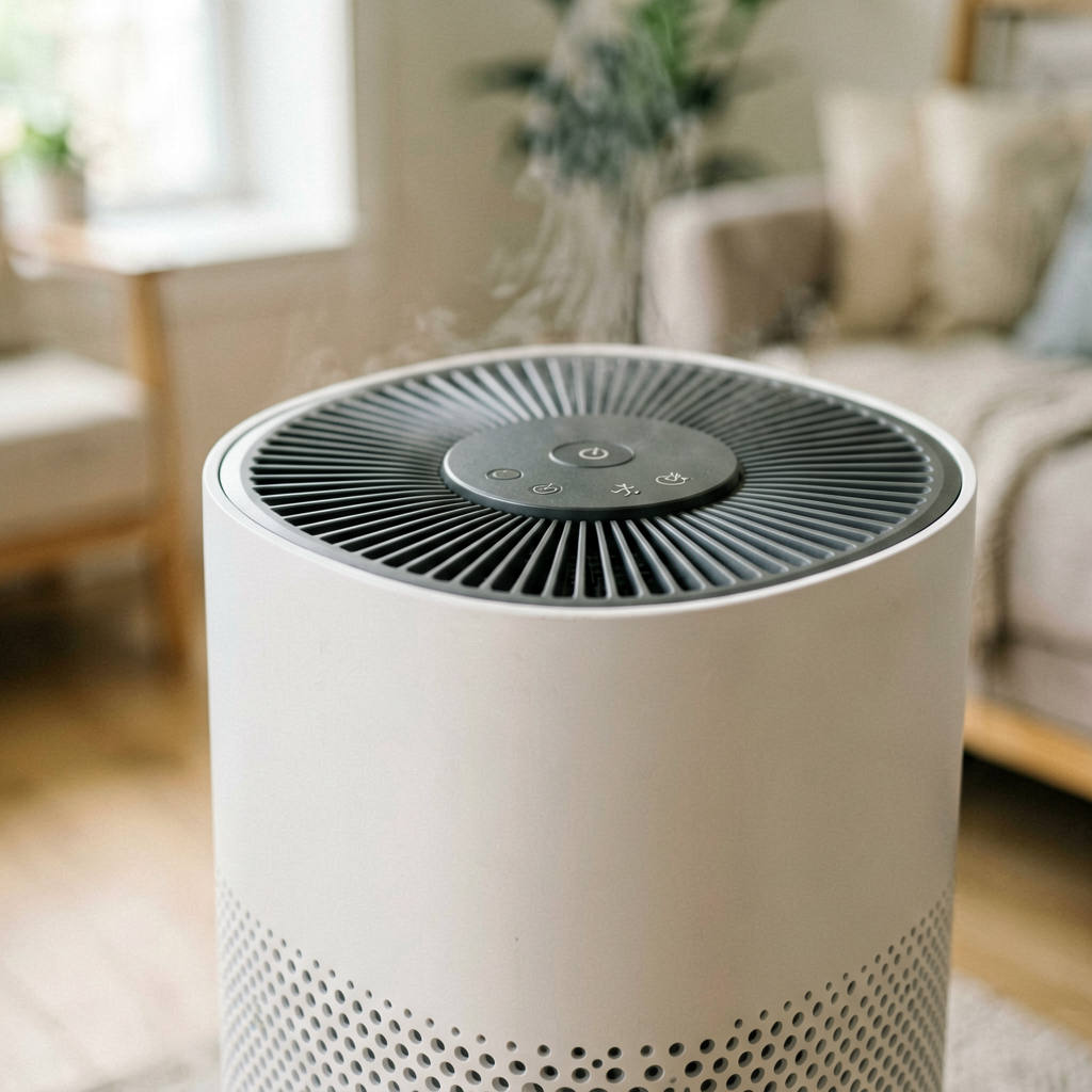 Close up detail shot of air purifier in use, shallow depth of field, realistic product photography