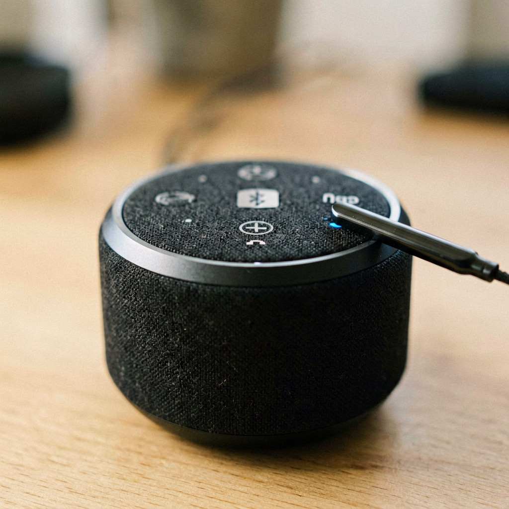 Close up detail shot of bluetooth speaker in use, shallow depth of field, realistic product photography