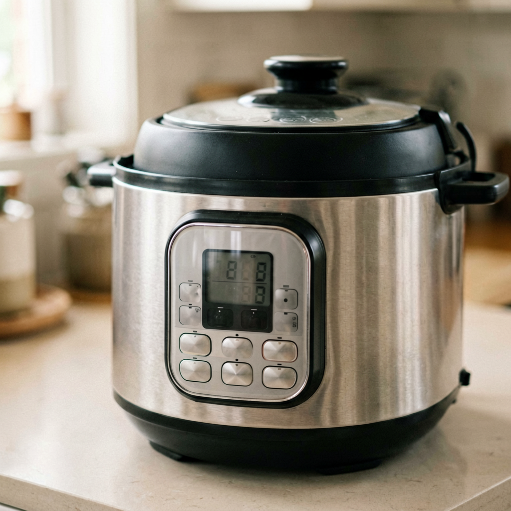 Close up detail shot of instant pot in use, shallow depth of field, realistic product photography