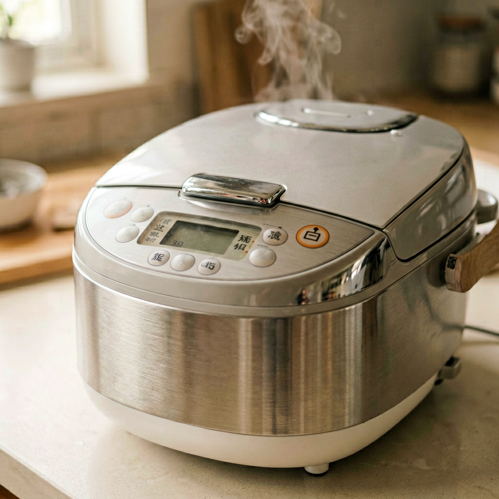 Close up detail shot of rice cooker in use, shallow depth of field, realistic product photography