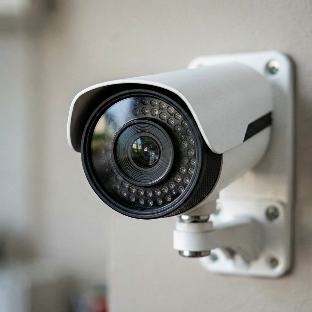 Close up detail shot of security camera in use, shallow depth of field, realistic product photography