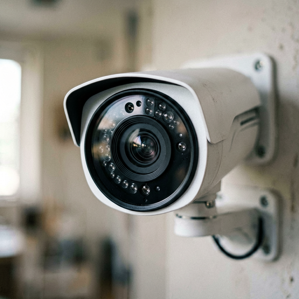 Close up detail shot of security camera in use, shallow depth of field, realistic product photography