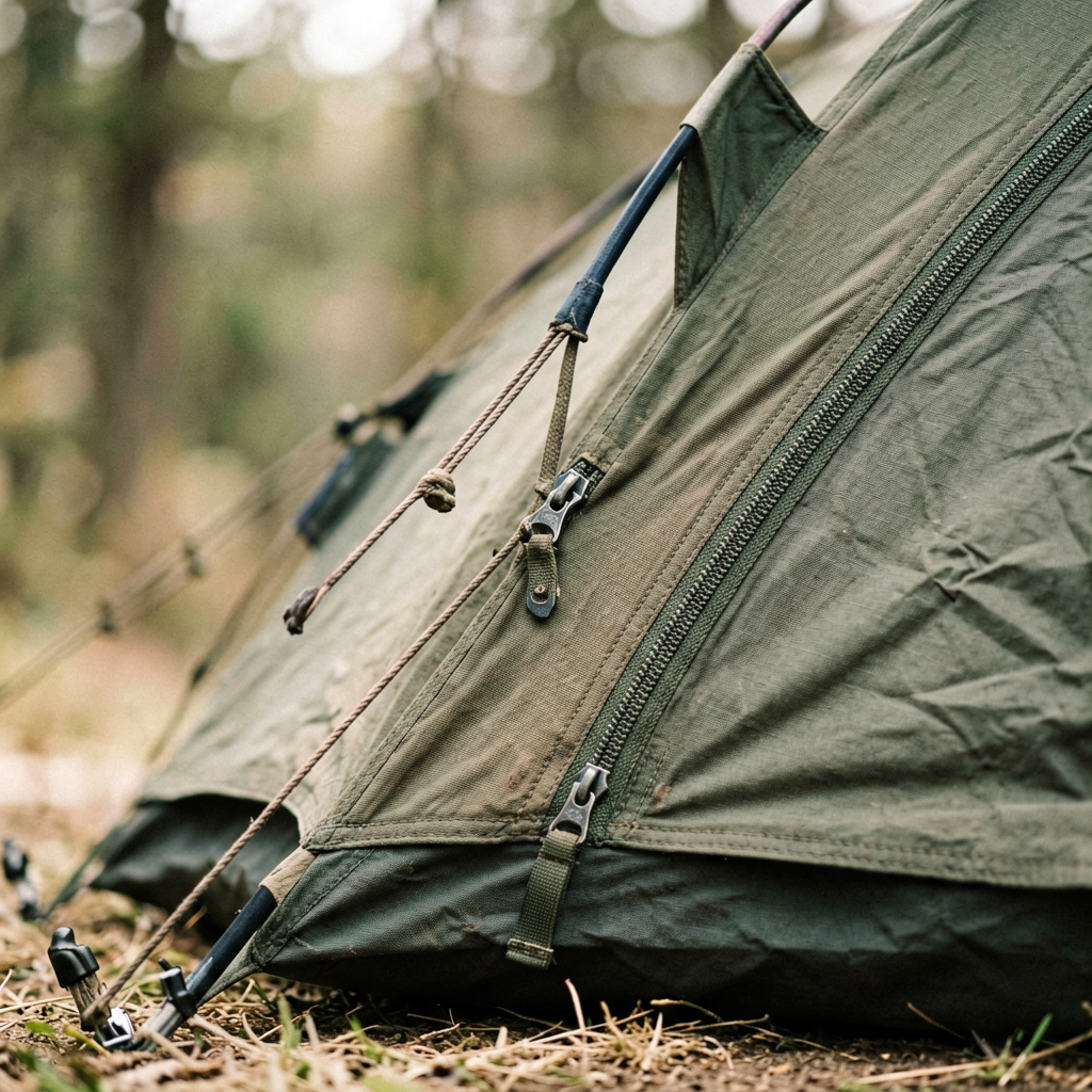 Close up detail shot of tent in use, shallow depth of field, realistic product photography