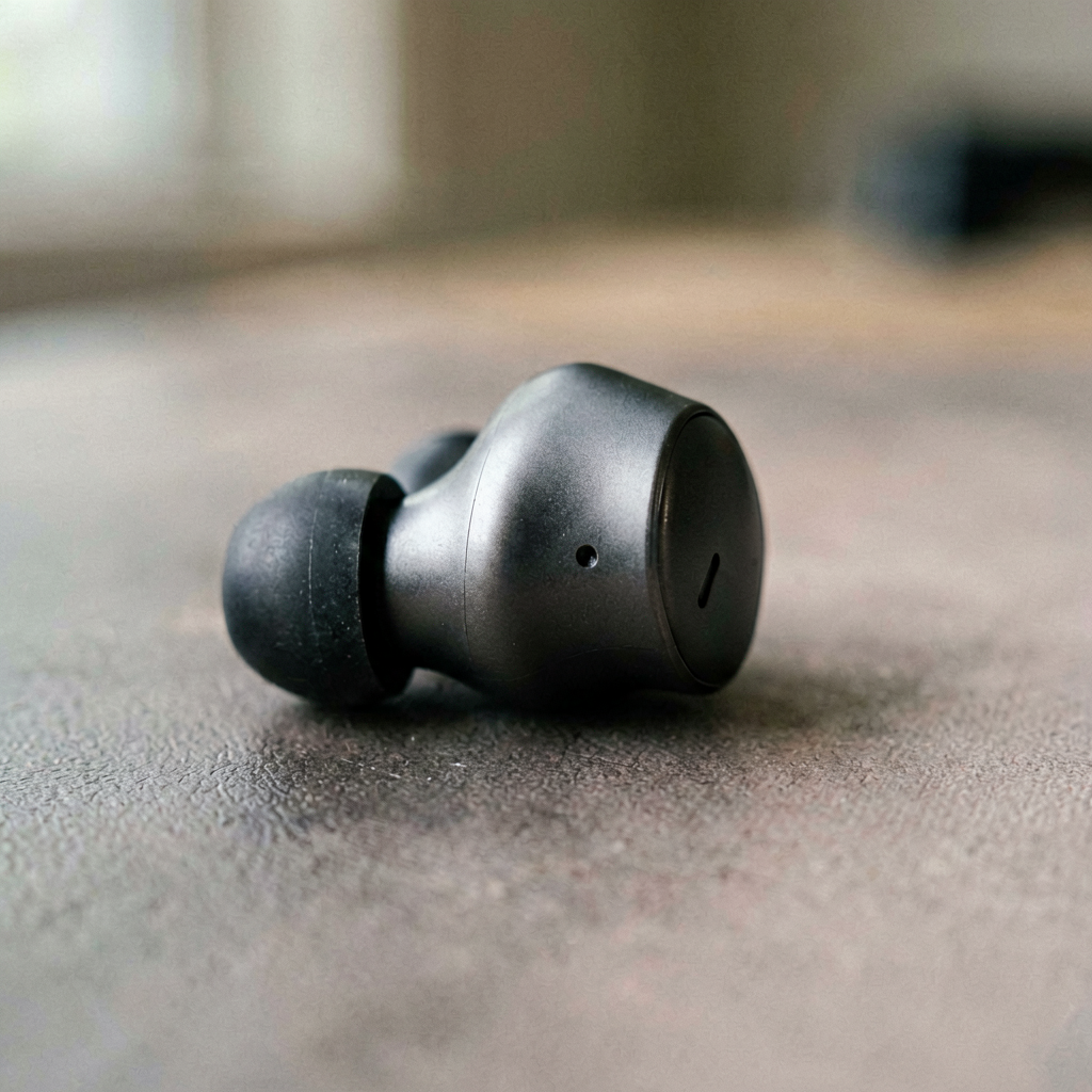 Close up detail shot of wireless earbuds in use, shallow depth of field, realistic product photography