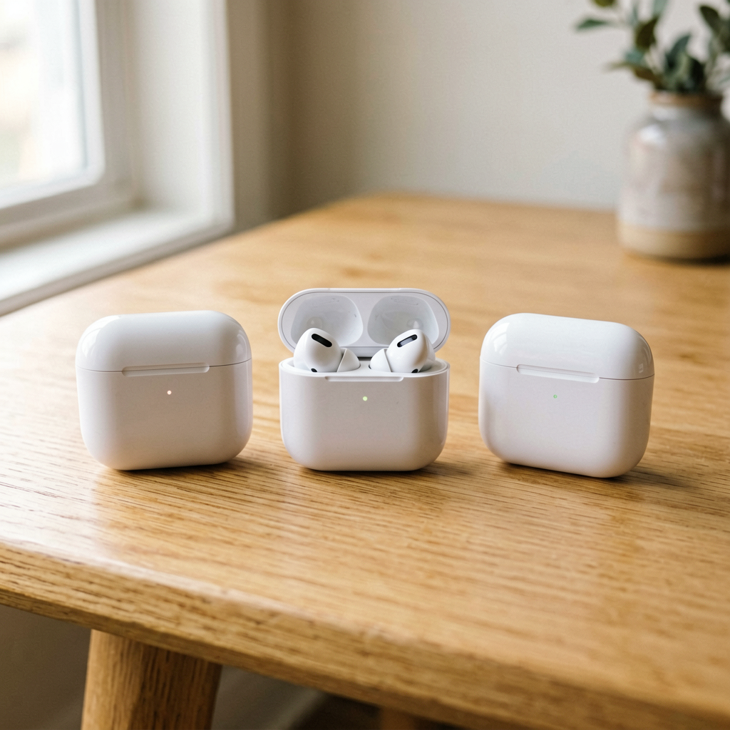 Clean lifestyle product shot of three wireless earbuds cases on a wooden table, natural lighting, minimal background, professional review style photography