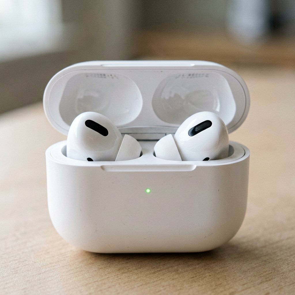 Close up detail shot of Apple AirPods Pro case open with earbuds visible, shallow depth of field, realistic product photography