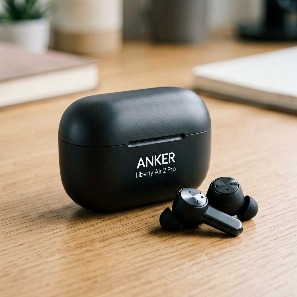 Close up detail shot of Anker Soundcore Liberty Air 2 Pro case and earbuds on a desk, shallow depth of field, realistic product photography