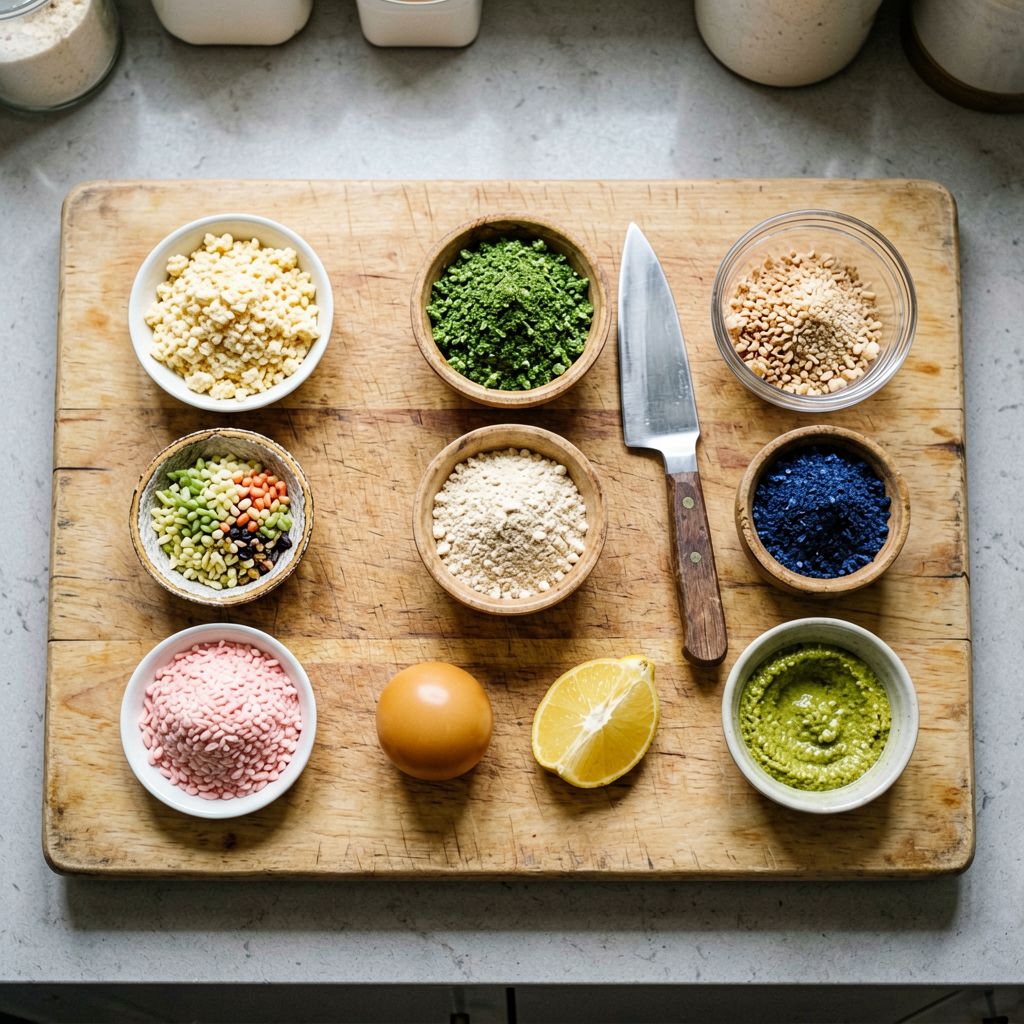 Ingredients prepped and organized on cutting board, mise en place, professional kitchen setup
