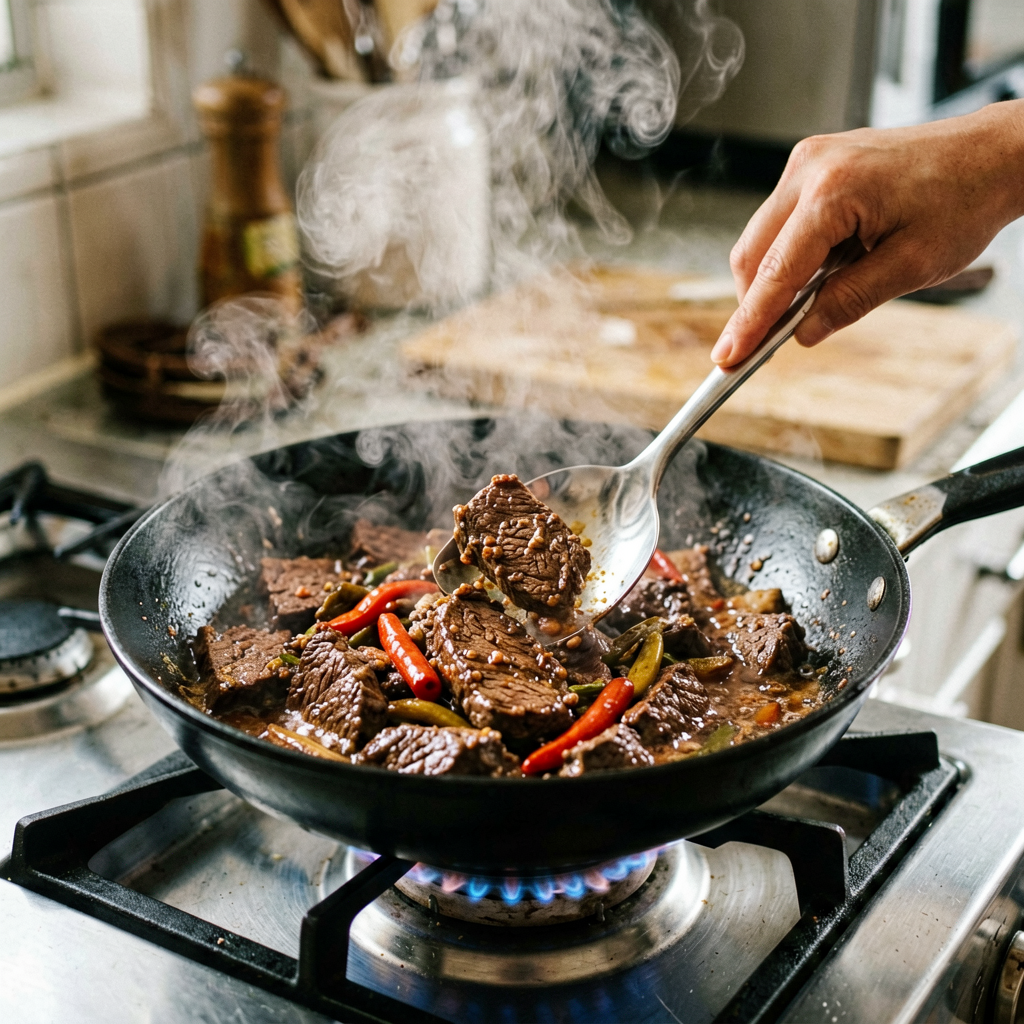 Cooking process shot, 15-Minute American Beef Stir Fry in pan, steam rising, professional action photography