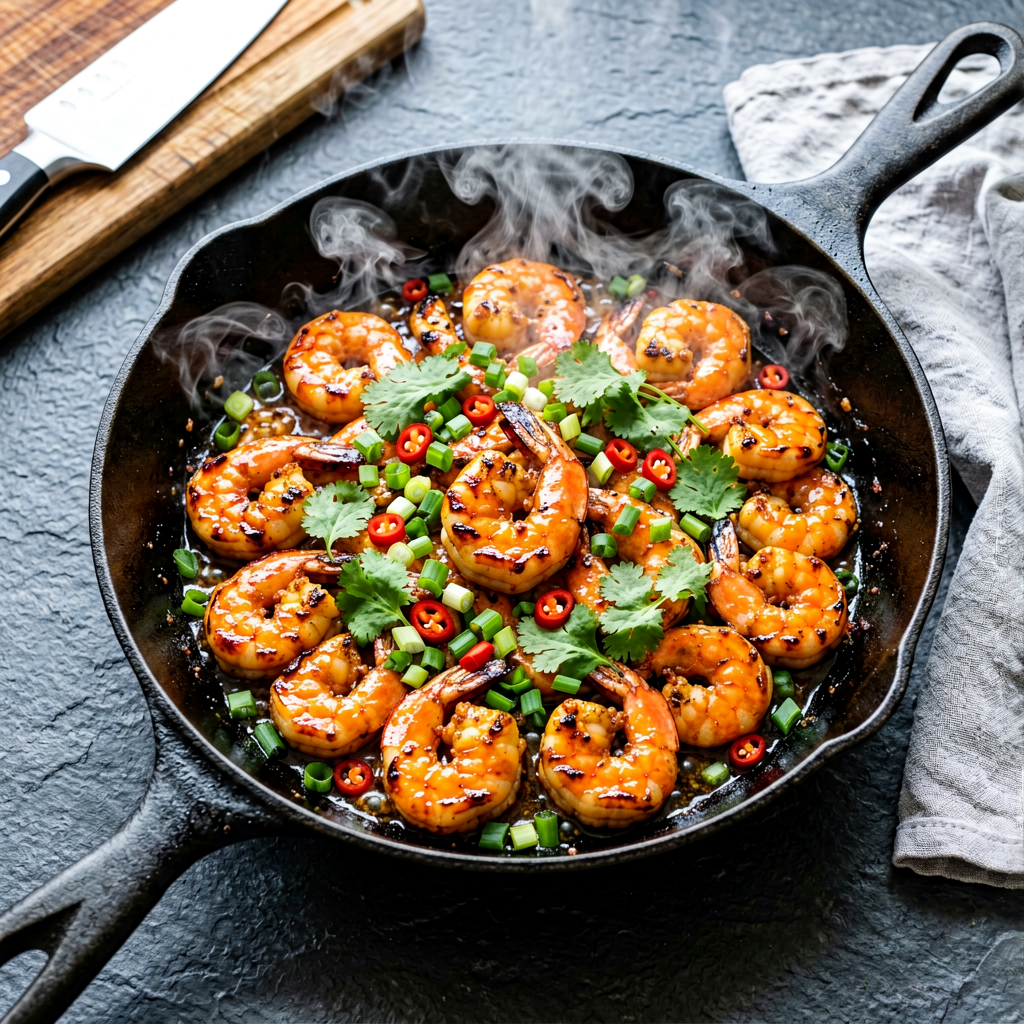 Cooking process shot, 30-Minute French Shrimp Stir Fry in pan, steam rising, professional action photography