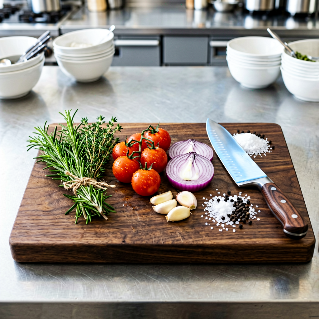 Ingredients prepped and organized on cutting board, mise en place, professional kitchen setup