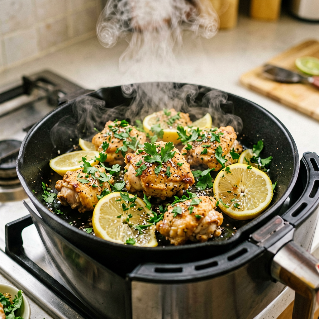 Cooking process shot, Air Fryer Chicken with Lemon Herb and Fresh Herbs in pan, steam rising, professional action photography