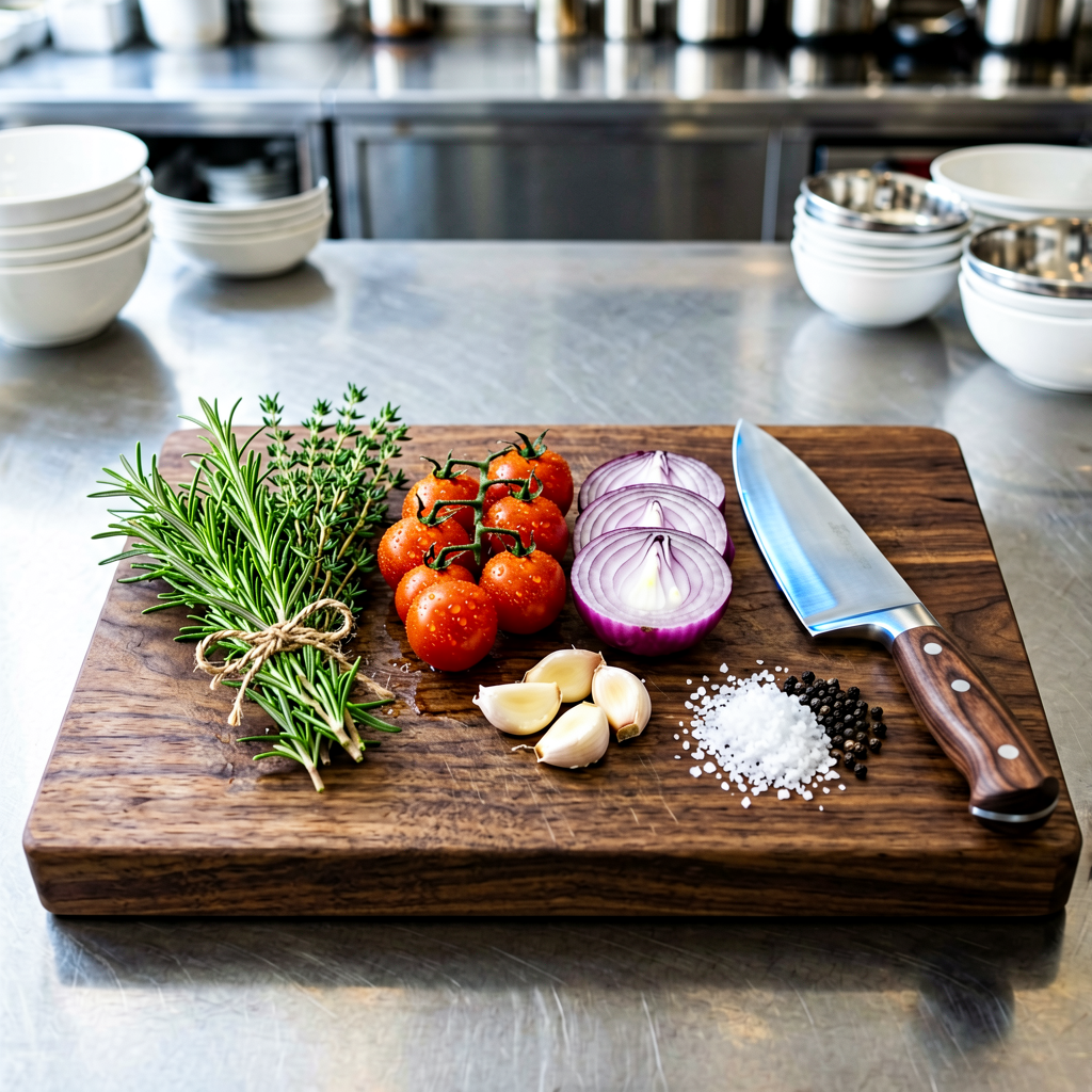 Ingredients prepped and organized on cutting board, mise en place, professional kitchen setup