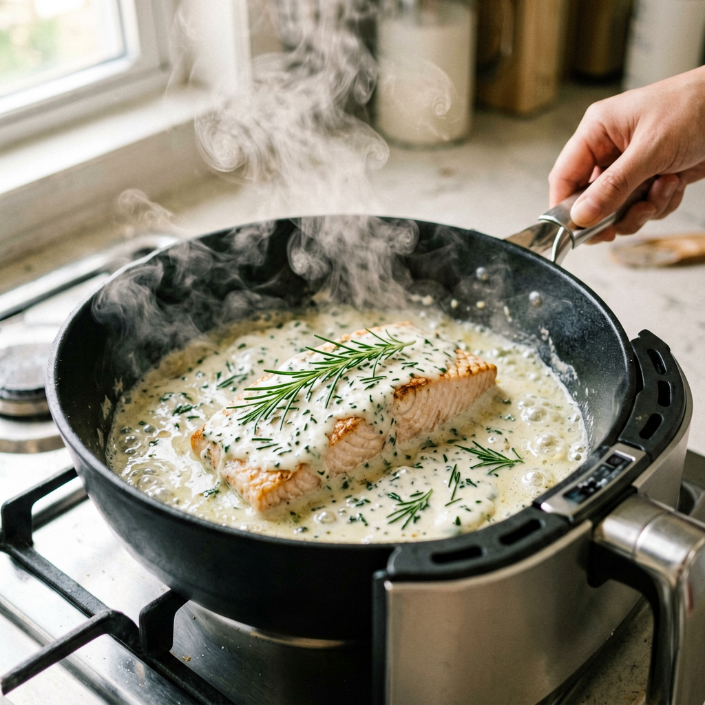 Cooking process shot, Air Fryer Salmon with Creamy and Rosemary in pan, steam rising, professional action photography